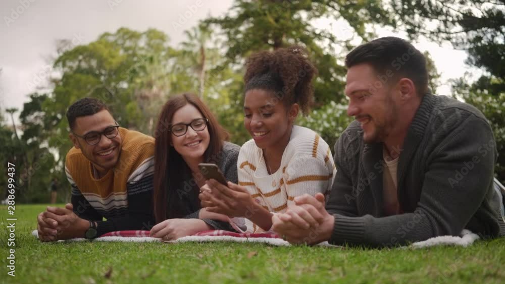 Smiling young african woman lying with her multiracial friends in the park taking selfie on mobile phone Smiling young african woman lying with her multiracial friends in the park taking selfie on mobile phone