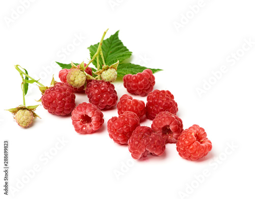 bunch of red ripe raspberries and green leaf on a white background