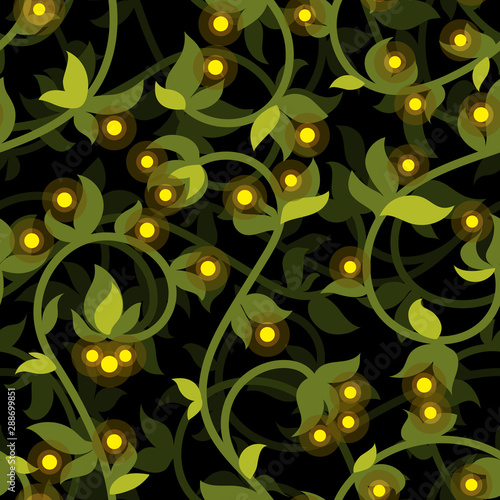 Seamless pattern with branches, leaves and fireflies
