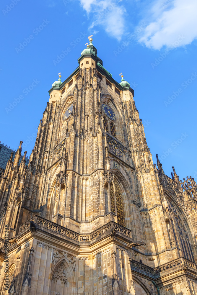 View to tower of St. Vitus Cathedral at Prague Castle. Gothic architecture