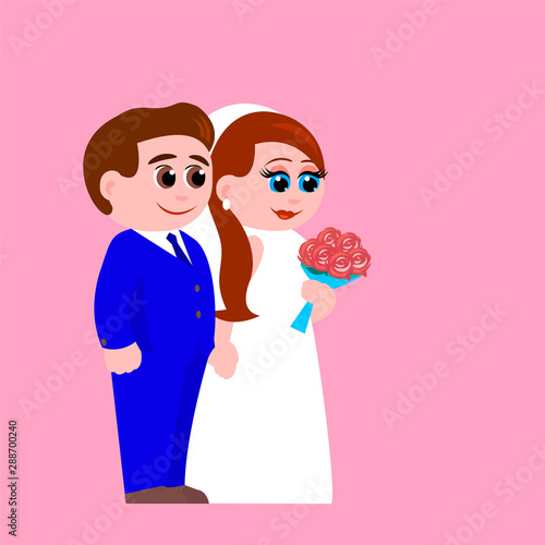 Happy bride and groom with a bouquet of roses stand nearby and look forward. Their faces are happy. Vector wedding cartoon illustration on a pink background.