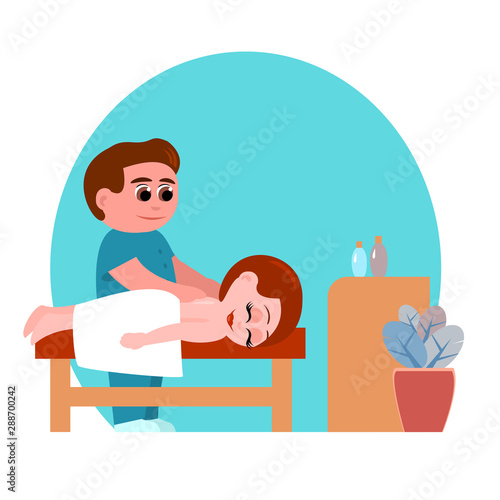 A man in a medical suit massages a girl who is lying relaxed on a couch. She is wrapped in a towel. In the office there is a cabinet with oil and a flower. Vector illustration in cartoon style.