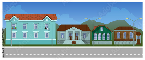 Street with colorful cottage houses. Cartoon flat vector illustration