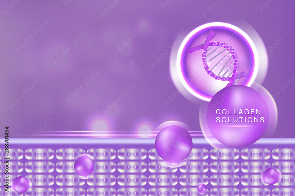Hyaluronic acid skin solutions ad, purple collagen serum drop with cosmetic advertising background ready to use, illustration vector.	