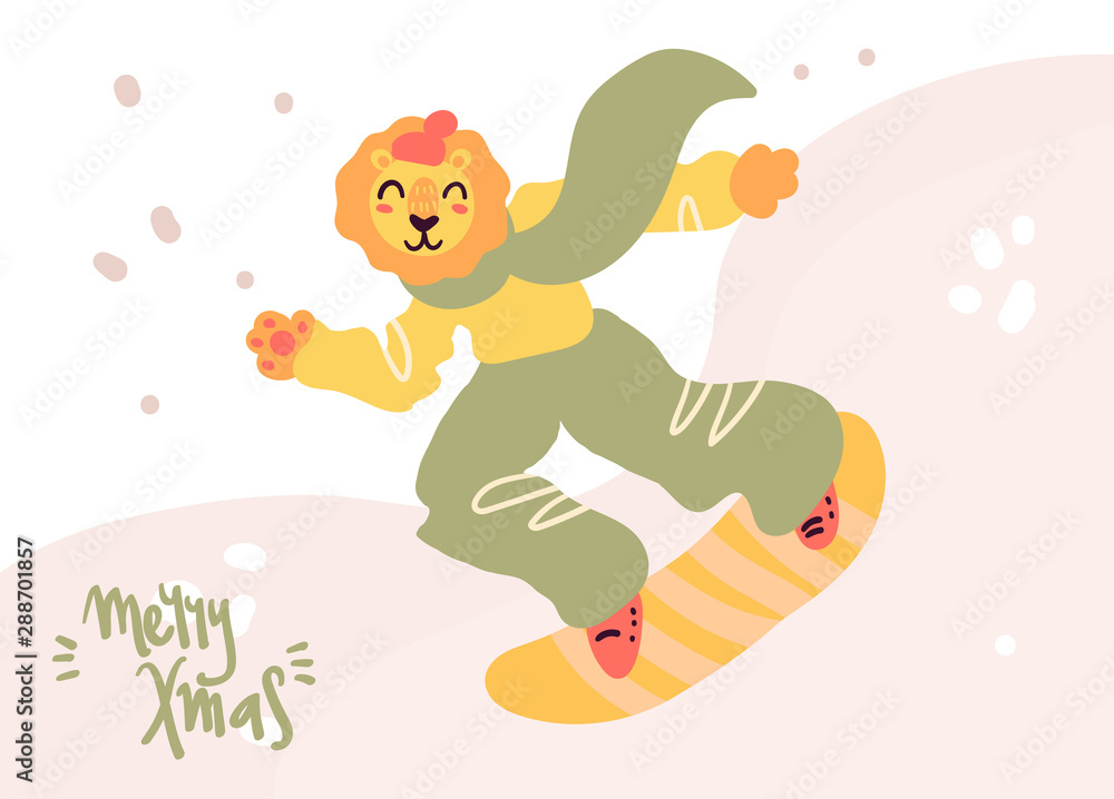 Flat style cartoon cute character lion dressed in warm clothes riding snowboard. Merry Christmas card. Hand drawn vector illustration. Flat style cartoon cute character lion dressed in warm clothes riding snowboard. Merry Christmas card. Hand drawn vector illustration.