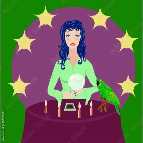 fortuneteller with crystal ball and parrot