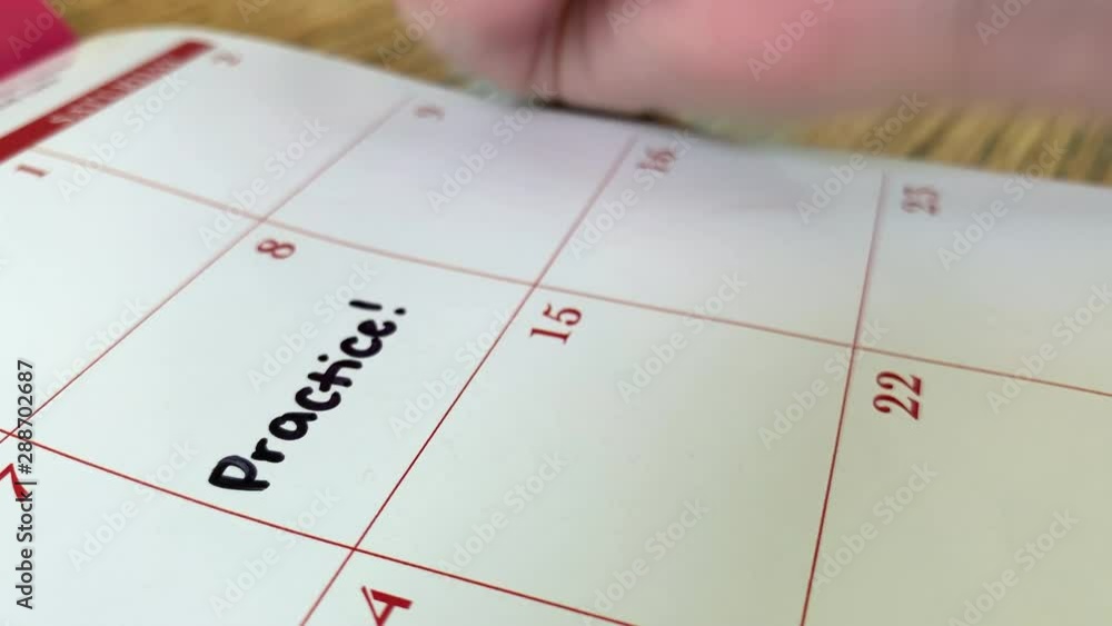 Practice written in black on a calendar agenda page with a shallow depth of field Practice written in black on a calendar agenda page with a shallow depth of field