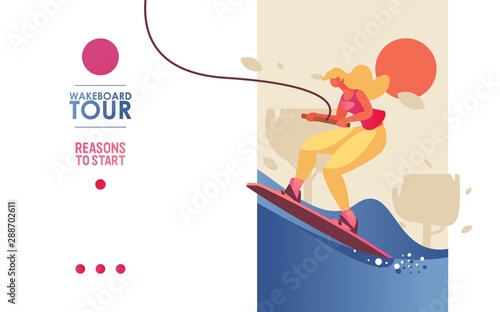 Concept vector landing page or banner template with young woman riding board on wakeboard tour. Bright colors, trees and blue waves of lake or sea, good for extreme water sports school