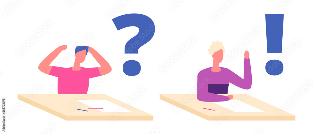Student problem solution concept. Troubled man student at desk thinking with question mark. Examination illustration. Student has problem examination with question Student problem solution concept. Troubled man student at desk thinking with question mark. Examination illustration. Student has problem examination with question