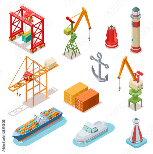 Isometric ships. Sea transport maritime terminal shipping logistics port seaport crane ship shipping nautical barge 3d vector set. Transportation terminal, industrial seaport illustration