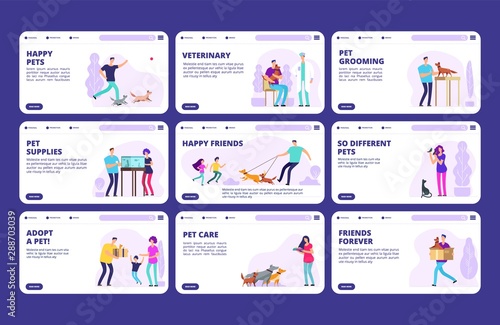 People with pets landing pages template. Vector characters people, dogs, cats, birds. Website veterinary and grooming pets illustration
