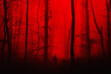 Crédence de cuisine Rouge surreal horror landscape, man in forest nightmare scene  © andreiuc88