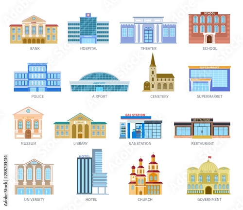 Government flat houses. Bank hospital school university airport police library church. Municipal city buildings exterior vector icons. Museum and library, gas station and restaurant illustration