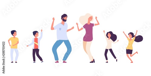 Flat dancing people. Happy kids and adults dancers vector characters. Male and female dance battle concept. Illustration dancer man and woman, dancing children