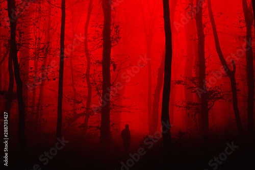 surreal horror landscape, man in forest nightmare scene photo
