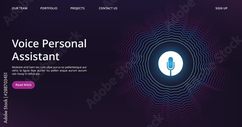 Voice assistant landing. Web page template with vector sound wave and microphone. Illustration voice assistant technology, microphone personal help photo