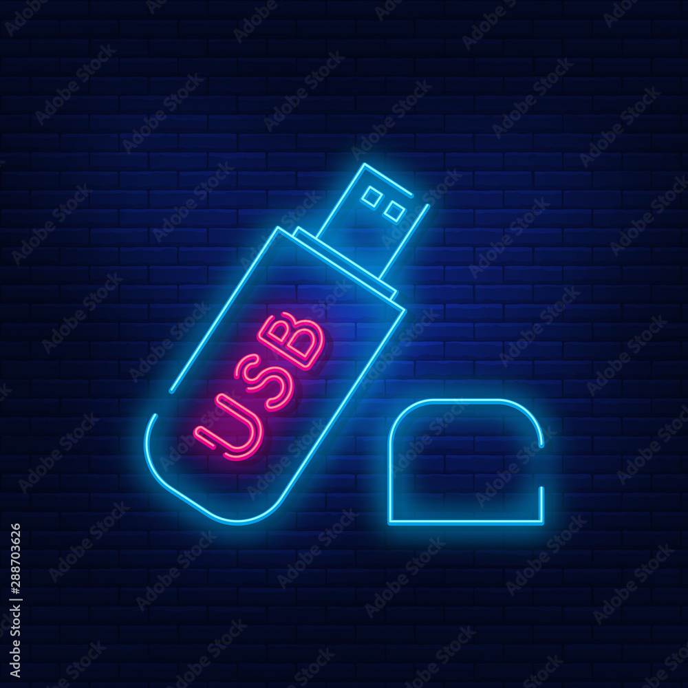 Neon backlight USB flash drive. Bright is a storage device. Modern vector logo, banner, shield, picture flash memory. Night advertising on the background of a brick wall. Neon backlight USB flash drive. Bright is a storage device. Modern vector logo, banner, shield, picture flash memory. Night advertising on the background of a brick wall.