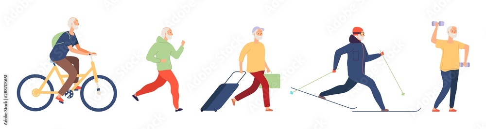 Elderly man. Flat old male vector character. Active life of elderly man. Grandfather active lifestyle, healthy adult person run and cycling illustration Elderly man. Flat old male vector character. Active life of elderly man. Grandfather active lifestyle, healthy adult person run and cycling illustration
