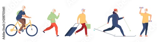 Elderly man. Flat old male vector character. Active life of elderly man. Grandfather active lifestyle, healthy adult person run and cycling illustration