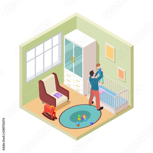 Nursery interior. Isometric father and son in kids room. Vector nursery room furniture. Parenthood and nursery to baby boy illustration
