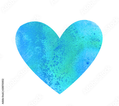 Hand drawn watercolor blue sea heart isolated on white background. Gradient textured brush element for Valentine's Day card, T-shirt design. Illustration
