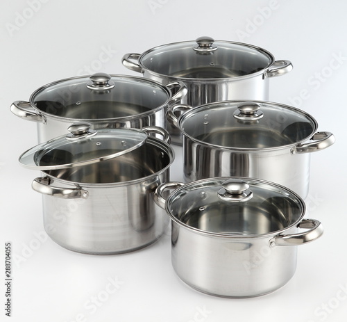 stainless steel pot set on white background.