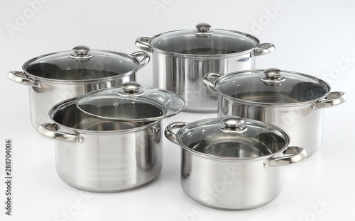 stainless steel pot set on white background.