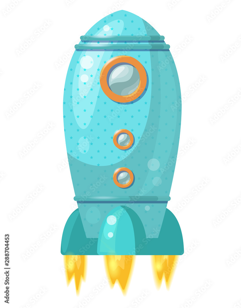 Cartoon blue rocket with flame isolated on white background. Vector