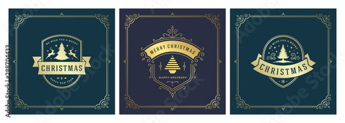 Christmas square banners vintage typographic design, ornate decorations symbols vector illustration