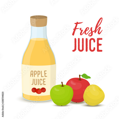 Vector apple juice - glass bottle with whole fruits.