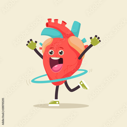 Cute heart with hula hoop doing fitness exercises. Vector cartoon human internal organ character isolated on background.