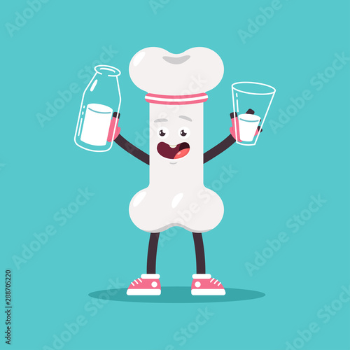 Cute bone with milk in bottle and glass. Vector cartoon human internal organ character isolated on background.