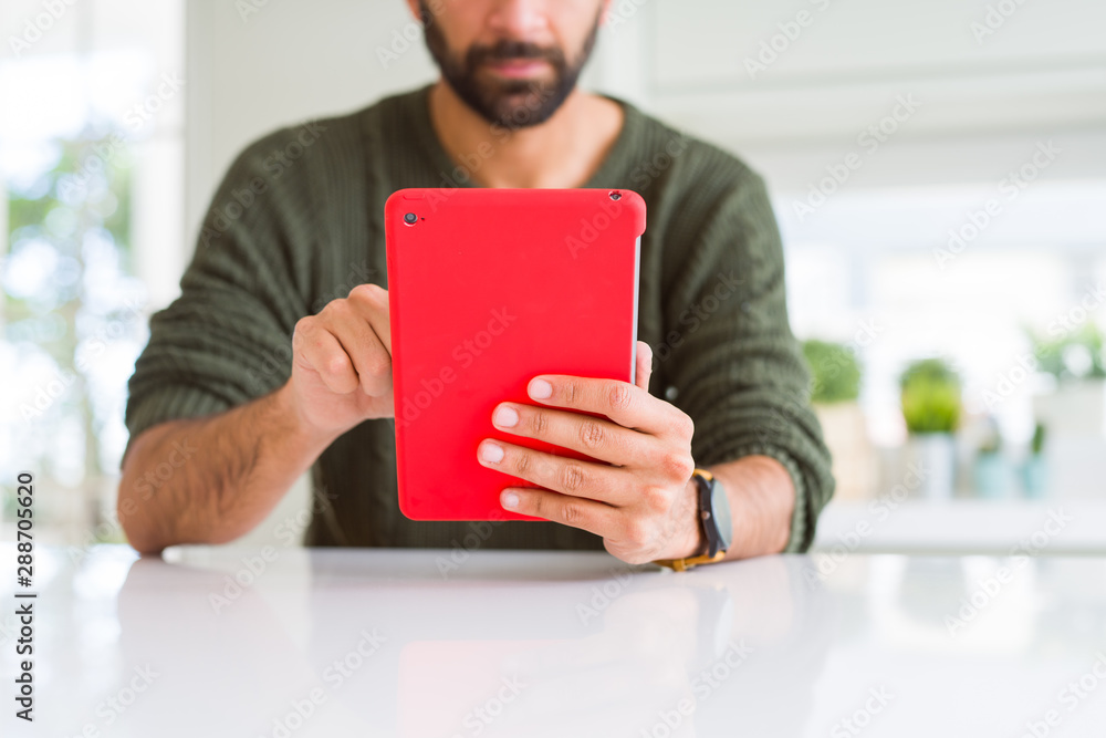 Close up of man using touchpad tablet Close up of man using touchpad tablet