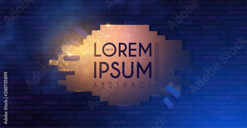Crushing surface. Abstract geometric and futuristic space background. Broken brick wall with lights. 3D game design template.