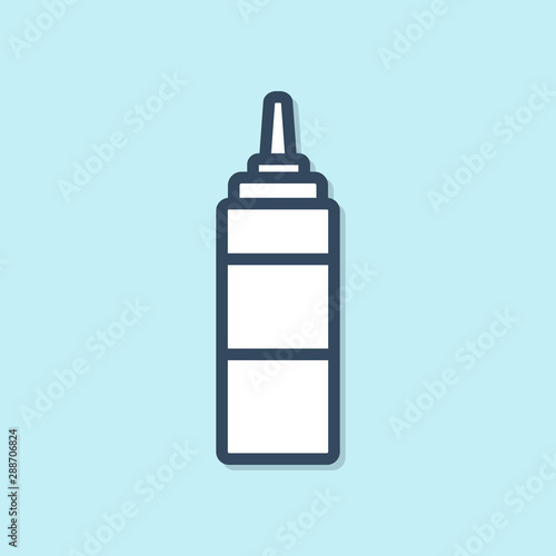 Blue line Sauce bottle icon isolated on blue background. Ketchup, mustard and mayonnaise bottles with sauce for fast food. Vector Illustration