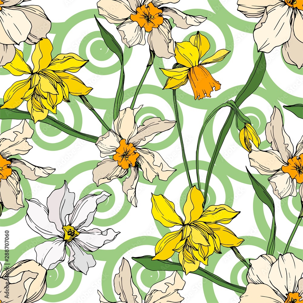 Obraz premium Vector Narcissus floral botanical flowers. Black and white engraved ink art. Seamless background pattern.
