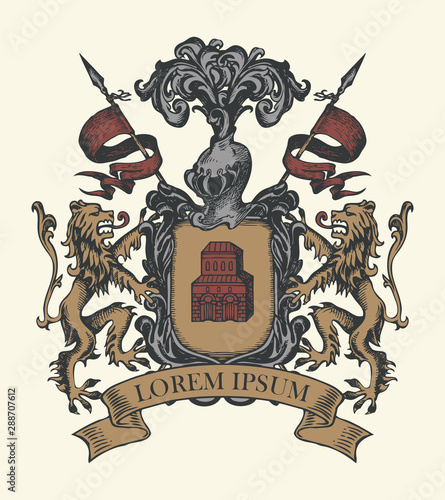 Vector heraldic Coat of arms in vintage style with shield, knightly armor, spears, helmet, lions, ribbon and castle. A medieval heraldry, emblem, sign, symbol. Hand-drawn color image.