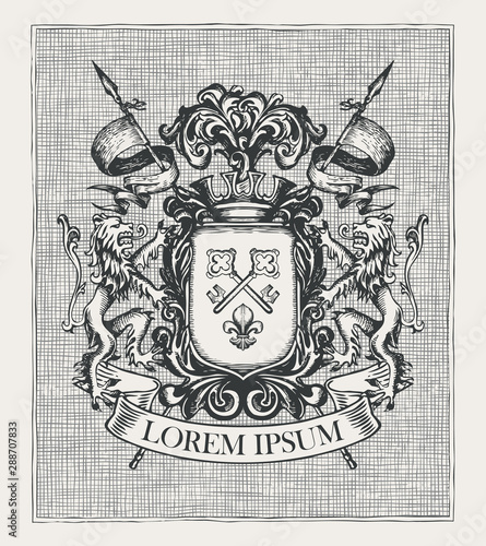 Vector heraldic Coat of arms in vintage style with knightly shield, spears, crown, lions, ribbon, keys and fleur de lis. A medieval heraldry, emblem, symbol. Hand-drawn image, engraved illustration.