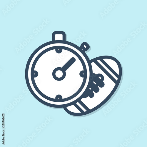 Blue line American Football ball and stopwatch icon isolated on blue background. Set of sport equipment. Vector Illustration