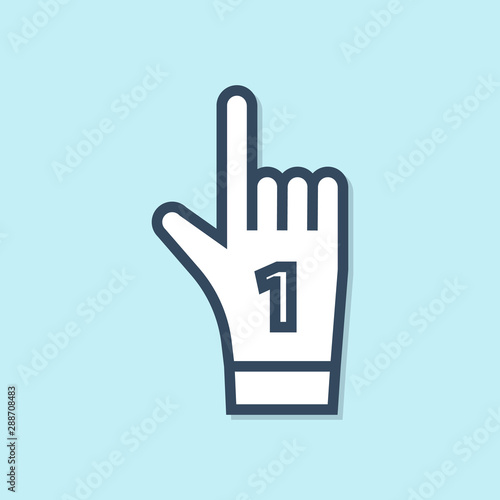Blue line Number 1 one fan hand glove with finger raised icon isolated on blue background. Symbol of team support in competitions. Vector Illustration
