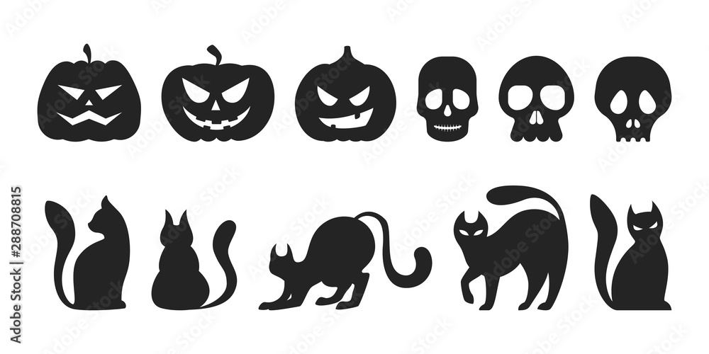 Cat and pumpkin black silhouette set. Collection of halloween Cat and pumpkin black silhouette set. Collection of halloween