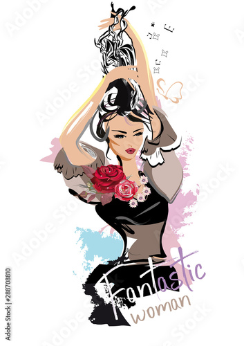 Series of Fashion cute girls sketches with accessories. Beautiful elegant women. Hand drawn vector illustration.