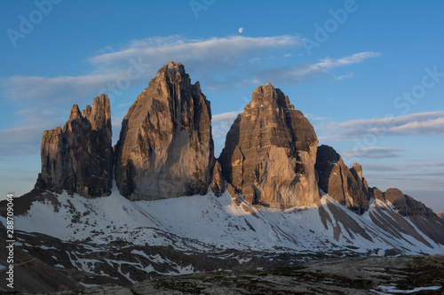 Tre Cime mountain in the rays of morning sun. Sudtyrol, Italy