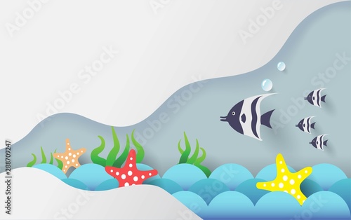 3d paper cut art concept design. Fish and starfish on the ocean waves. Colorful hand crafted. Paper cut style. Vector illustration EPS10. 