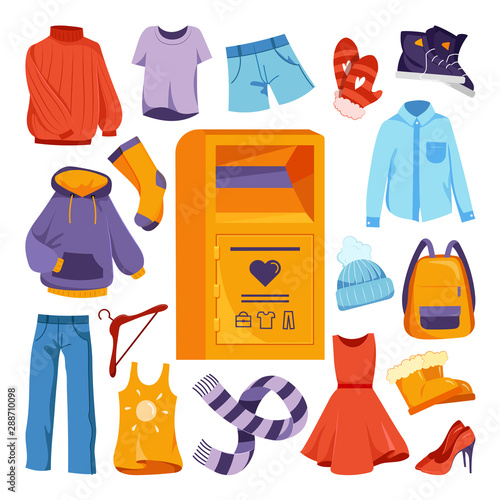 Clothes donation design elements. Vector flat cartoon illustration. City container box for used apparel, shoes donations