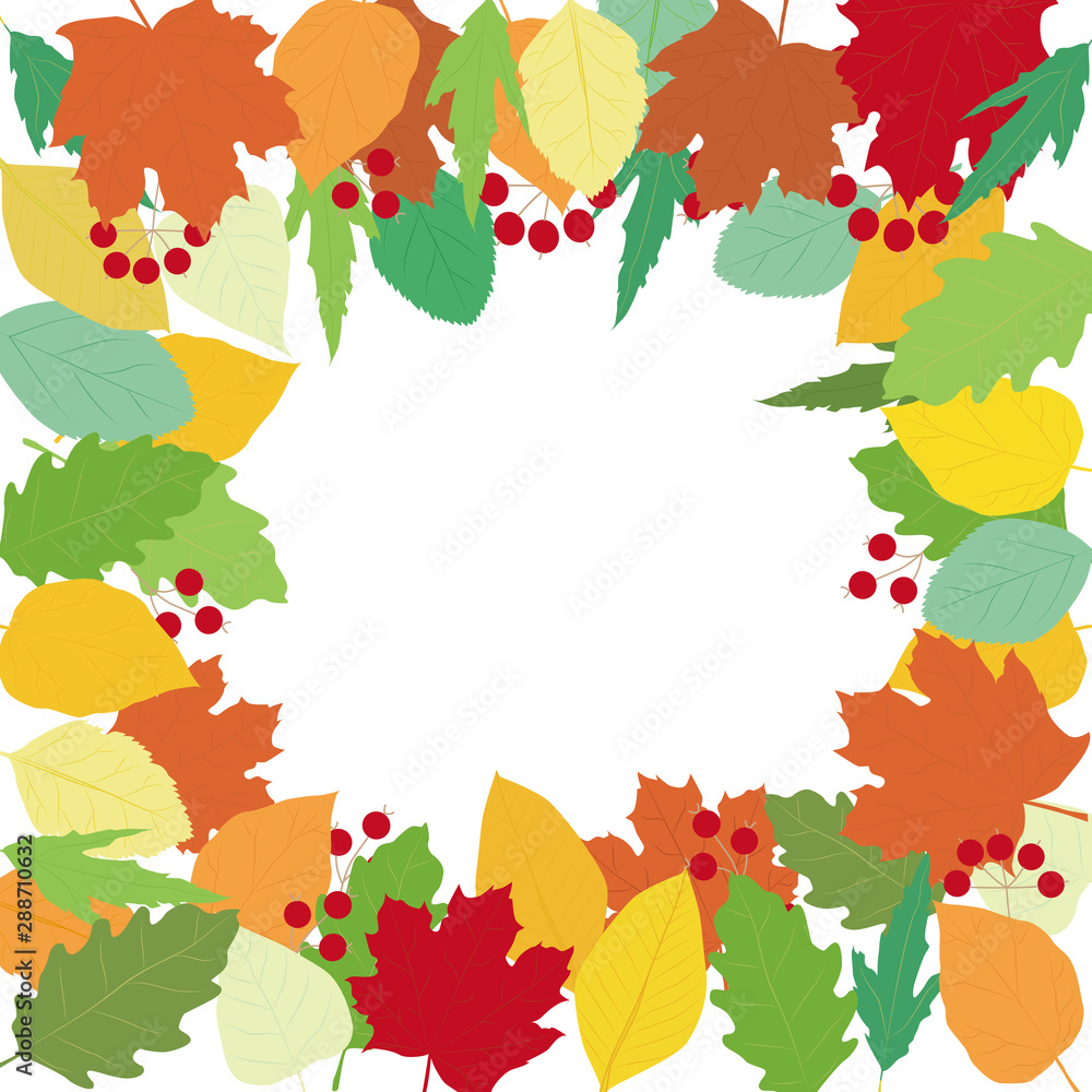 カラフルな秋色の葉っぱのフレームのイラスト