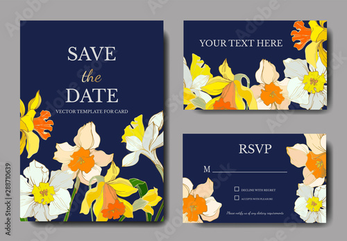 Vector Narcissus floral botanical flower. Black and white engraved ink art. Wedding background card decorative border.