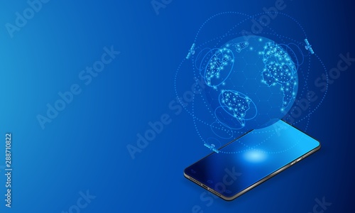 Global Internet. Access to the network using space technologies. Retransmission of the signal by space orbiting satellites. Blue futuristic background.