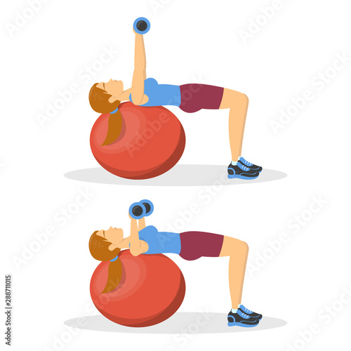 Bench press on fitness ball, exercise for chest. Woman