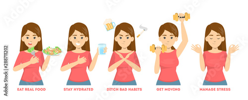 Tips for healthy lifestyle. Eat fresh food and drink a lot